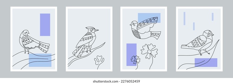 Birds banners set. Minimalistic creativity and art for print, poster, cover and wallpaper. Aesthetics and elegance, flora and fauna. Cartoon flat vector illustrations isolated on grey background