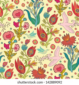 birds and beautiful floral seamless pattern