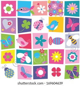 birds bees ladybugs butterflies fish and flowers collection pattern on colorful rectangular background