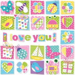 birds bees ladybugs butterflies presents robots boats hearts and flowers collection pattern with I love you text on colorful rectangular background