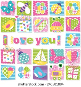 birds bees ladybugs butterflies presents robots boats hearts and flowers collection pattern with I love you text on colorful rectangular background