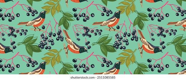 Birds berries leaves pattern. Elderberry on branches and birds. Vector seamless organic background. For fabric, wallpaper, textile, cards.