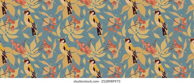 Birds, berries and leaves pattern. Viburnum on a twig and goldfinch. Vector seamless organic background. For fabric, wallpaper, textile, cards.