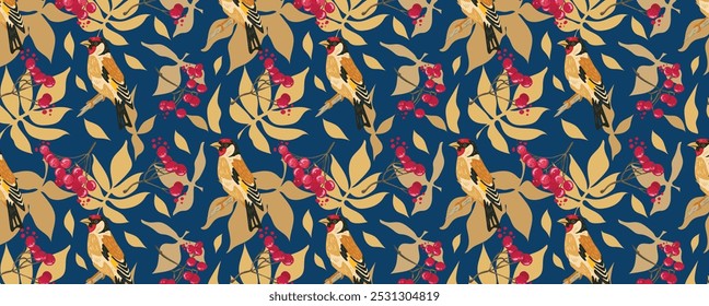 Birds, berries and leaves pattern. Viburnum on a twig and goldfinch. Vector seamless organic background. For fabric, wallpaper, textile, cards.