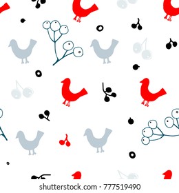 Birds and berries seamless pattern. Fun background.