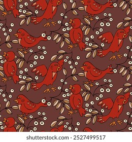 Birds with berries seamless pattern. Print in doodle style.