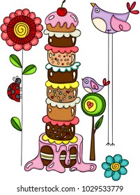 Birds with big cake in garden
