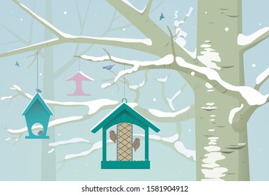 Birds and bird feeders in the winter park. Vector illustration