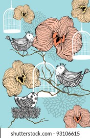 Birds, birdcages and flowers.