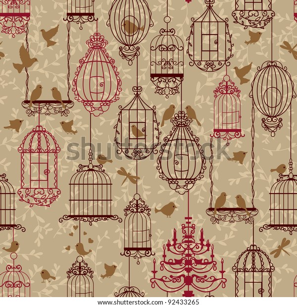 Birds and birdcages pattern. Brown colors. Can be used for wallpaper, background, fabrics.