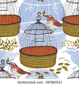 Birds and birdcages Seamless pattern