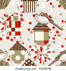 Birds and birdcages seamless pattern