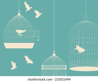 Birds and birdcages, vintage romantic background