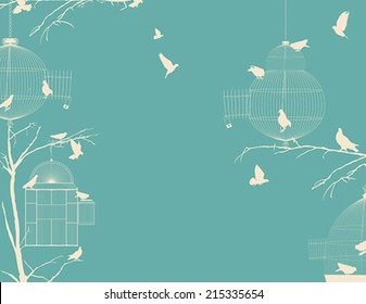 Birds and birdcages, vintage romantic background