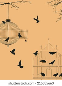 Birds and birdcages, vintage romantic background