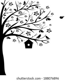 Birds and birdhouse on tree branch vector/illustration