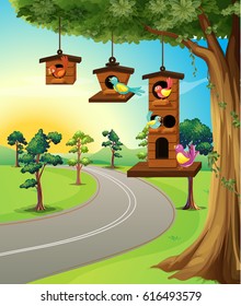 Birds in birdhouse on tree illustration