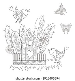 Birds, birdhouse, spring flowers and leaves on a white background. Anti-stress coloring book for children and adults