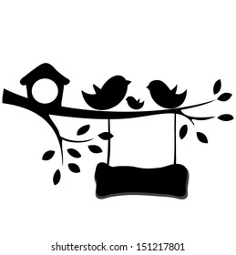 Birds and birdhouses silhouette on the branch, wooden signboard