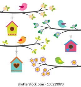 Birds and birdhouses. Vector set