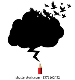 Birds black cloud and lightning drawing by red pencil with education and business icons concept.Creative Red pencil idea theme.Cloud copy space for text Education and Business theme.