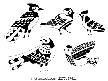 Birds black set. Collection of graphic elements for site. Minimalistic creativity and art. Animals with wings and feathers, ornithology. Cartoon flat vector illustrations isolated on white background