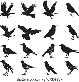 Bird's black silhouettes set. bird silhouettes on white background