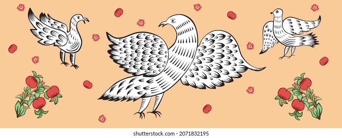 Birds are black and white in folklore style. Branches with red apples and flowers. Vector illustration.
