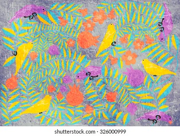 Birds in a blooming pomegranate garden. Middle Eastern style illustration