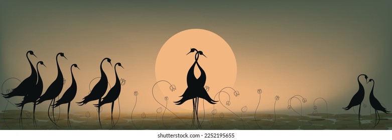 pájaros y vector de arte mural botánico. Forma abstracta Diseño de arte vegetal para impresión, cubierta, papel pintado, arte de pared mínimo y natural. cigüeña, grúa.