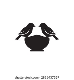 Birds with bowl silhouette icon vector flat illustration design on white background.