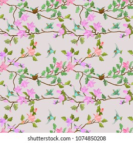 Birds and branch with flowers seamless pattern for wallpaper background,fabric, textile.