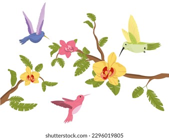 Birds with branches. Multicolored and bright animals with feathers and wings. Symbol of spring and summer seasons. Aesthetics and elegance, beauty. Cartoon flat vector illustration
