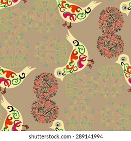 Birds and branches in the style of folk painting.Seamless.