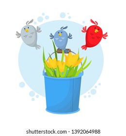 birds and a bucket of flowers spring vector illustration