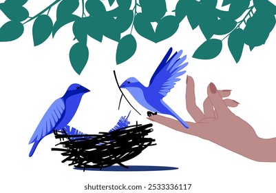 Birds build a nest. A woman's hand holds a bird. Bird's nest with birds. Theme - nature conservation. Vector illustration