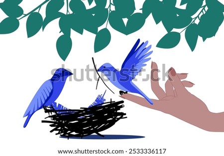 Birds build a nest. A woman's hand holds a bird. Bird's nest with birds. Theme - nature conservation. Vector illustration