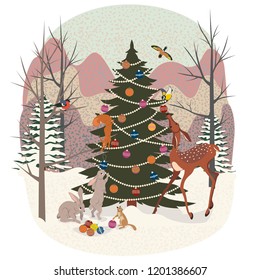 Birds, bunnies, squirrel, a deer and a chipmunk  decorate a Christmas tree in the forest. Greeting card for winter holidays.