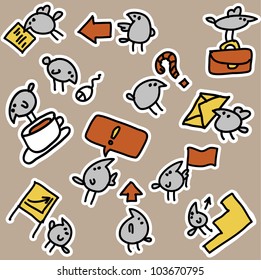 Birds and business objects an icons seamless pattern The seamless pattern with business objects and little funny birds. Color vector illustration.