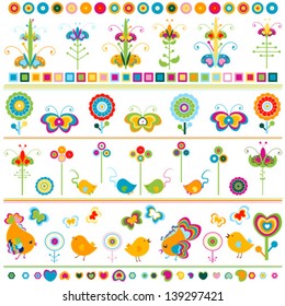 birds, butterflies, flowers etc borders, cute  colorful elements