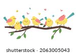 Birds and butterflies. Funny spring butterfly and yellow bird with pink wings set on garden green branch romance elegant cute design vector illustration isolated on white