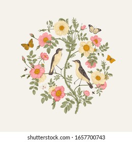 Birds and butterflies are in wild roses. Round Vector vintage classic floral composition. 