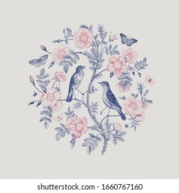 Birds and butterflies are in wild roses. Round Vector vintage classic floral composition. Blue and pink 