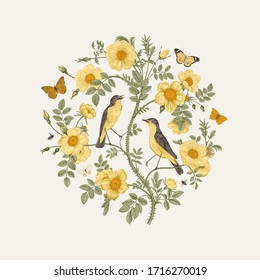 Birds and butterflies are in yellow wild roses. Round Vector vintage classic floral composition. 