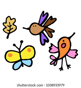 Birds, Butterfly, and Leaf Vector graphic art for design. Colorful.