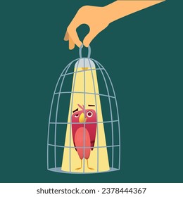 Birds cage. cartoon bird sitting in cage. Vector pictures of prison for bird