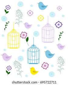 Birds cage and floral pattern childhood style Vector vintage