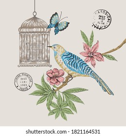 Birds   birds cage   flowers vector  Classical embroidery bullfinch   titmouse  golden cage  vintage buds wild roses  Spring fashion art  template for design clothes  t  shirt