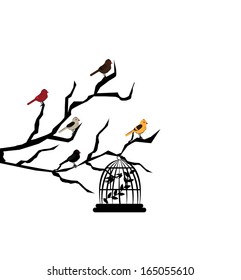 Birds and cage on the tree