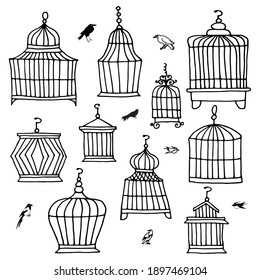 Birds cages collection and birds. Hand drawn vector design. Simple and isolated elements.